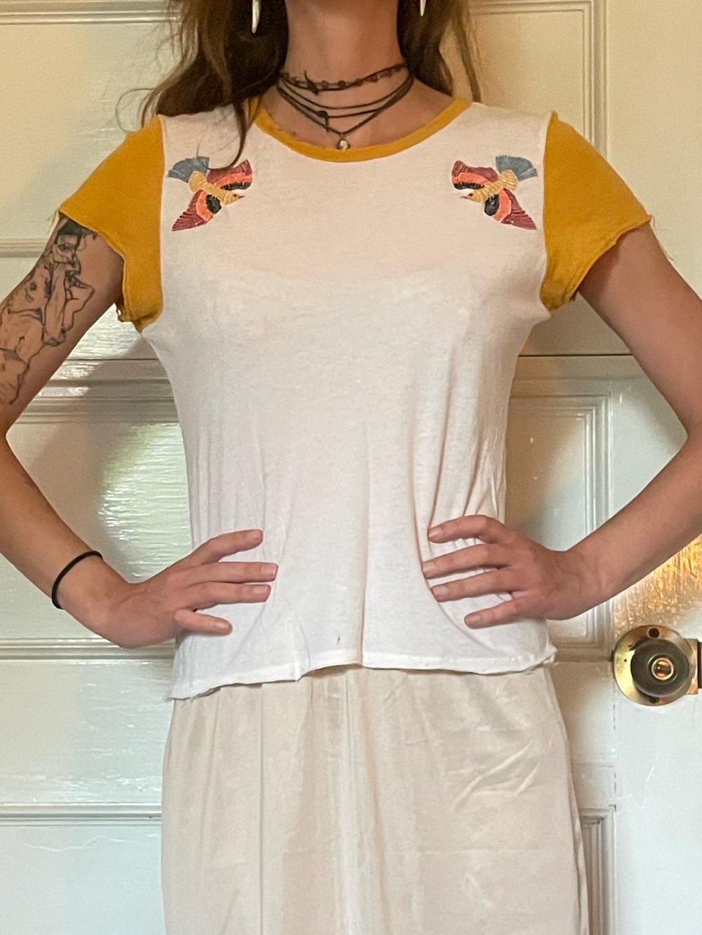 AEO tee with Mustard Trim and Embroidered Birds